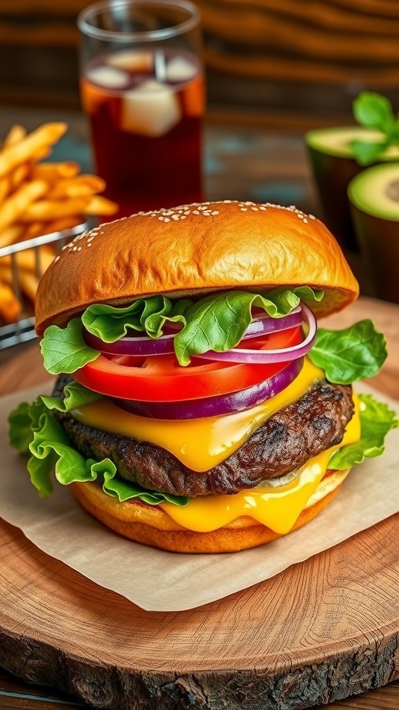 A juicy beef hamburger with lettuce, tomato, and onion on a toasted bun, served with fries.
